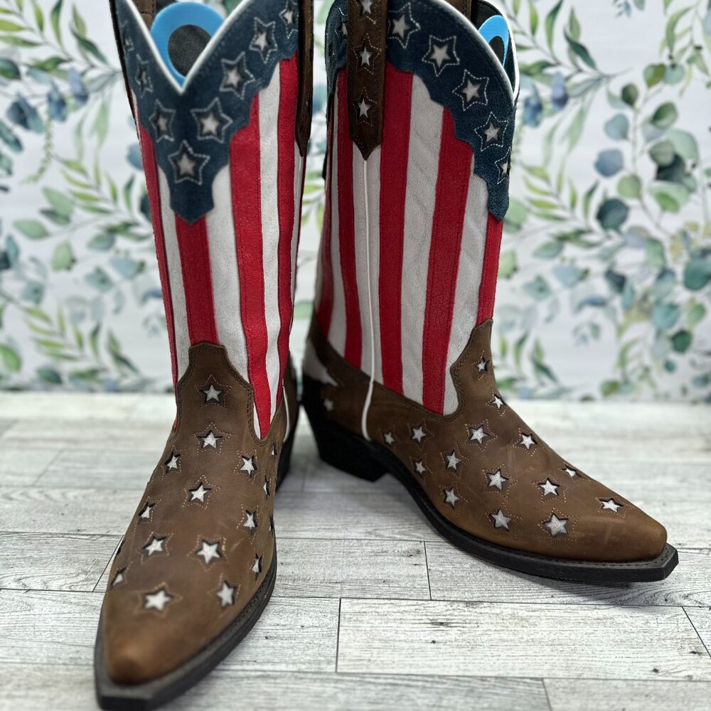 Rockin Country Leather American Flag Cowboy Boots Mens Size 8D WOMENS Size 10